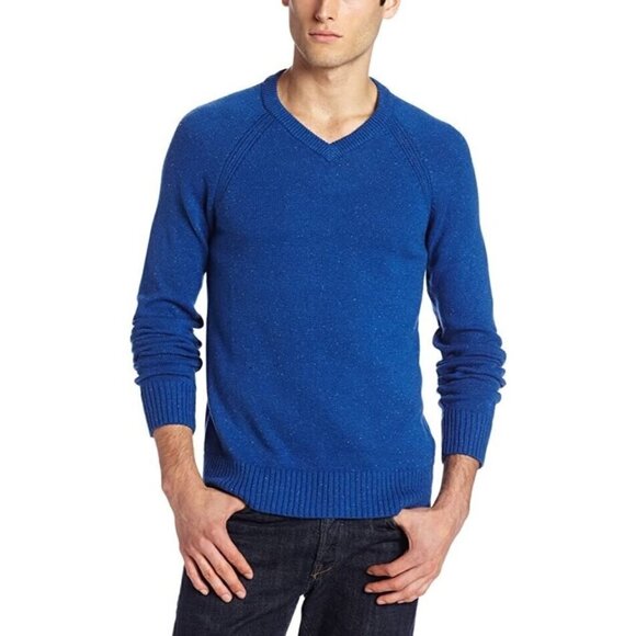Lucky Brand Sweater V Neck Pullover Knit Speckled White Blue Mens Sz XL - Picture 1 of 11